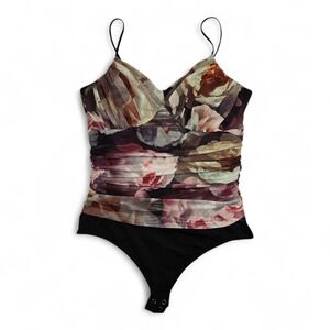 Express Ruched Mesh Cami Bodysuit Womens Large Floral Sheer Y2K Babydoll Goth